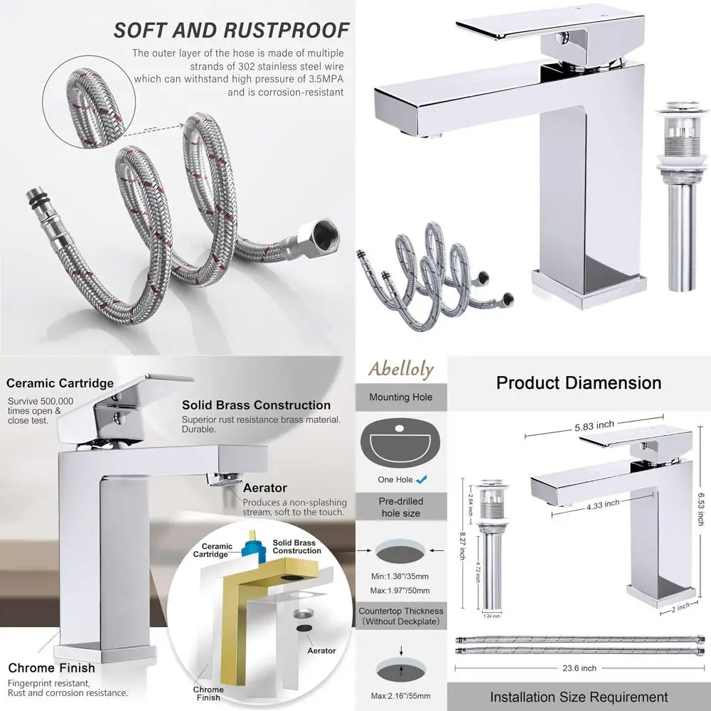 

1-Hole Solid Brass Chrome Faucet, Single Handle Vanity Sink Mixer with Flexible Hoses and Pop-Up Drain