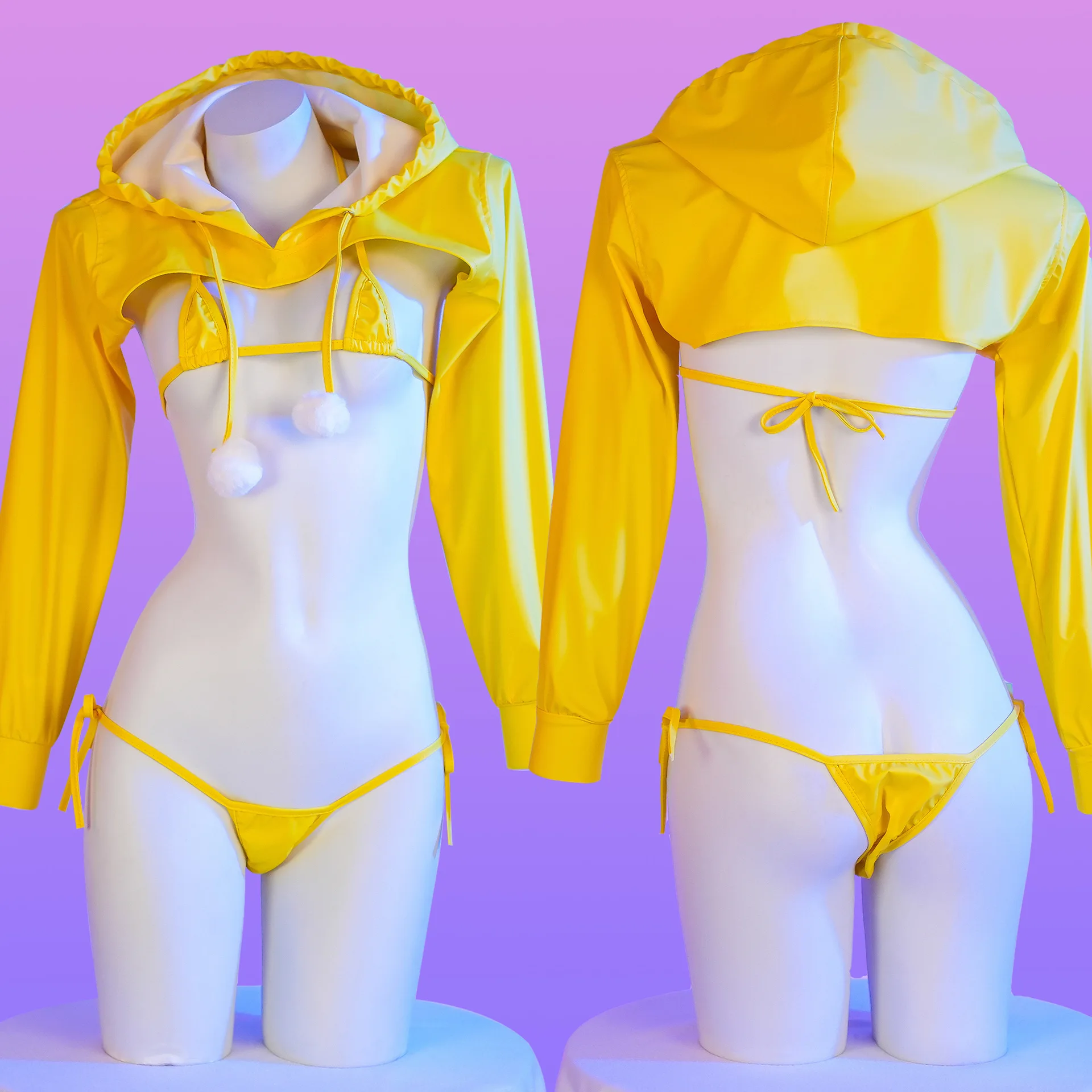 Japanese Anime Girl Yellow Pu Leather Bikini Set Hoodie Top Cosplay Costume Sexy Girl Underwear Nightgown Role Play Outfits