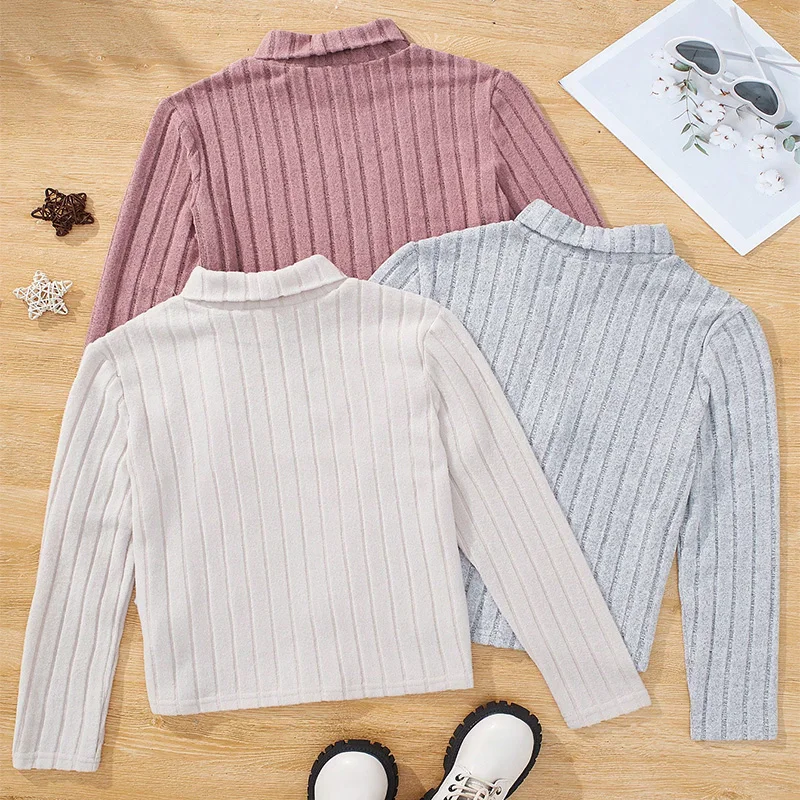 Three Piece Winter Girl Girl Knitted High Neck Solid Color Warm Striped Long Sleeved T-Shirt Cute Princess Birthday Party Dress