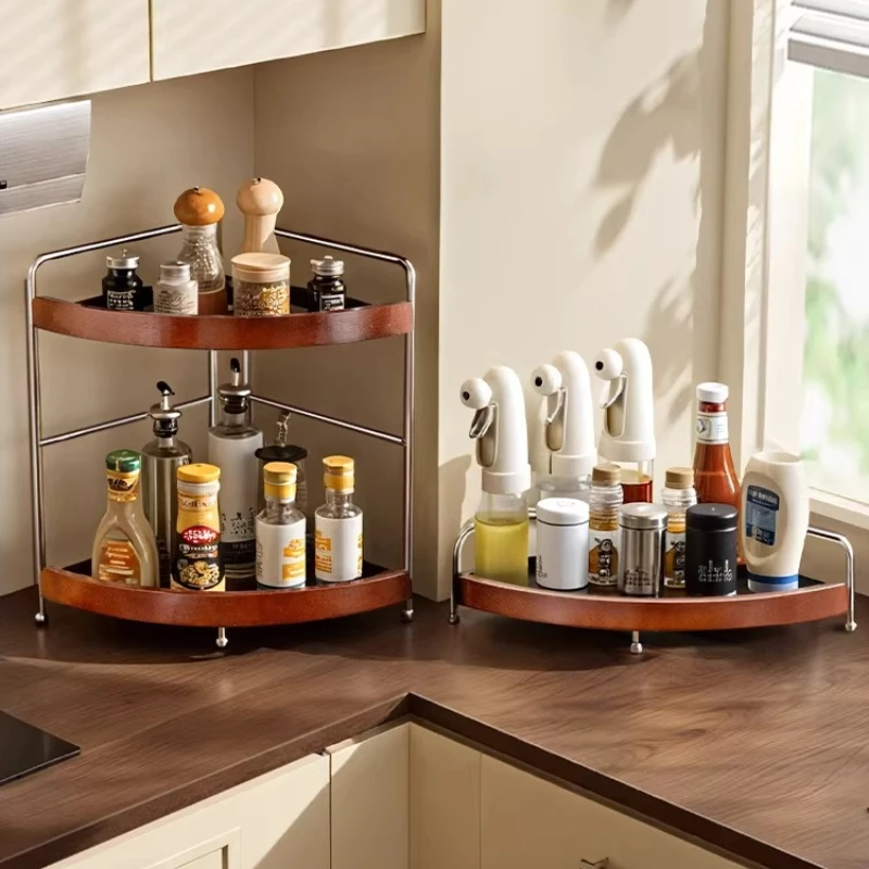 

Деревянная угловая полка для специй, 2-уровневый органайзер для кухонного шкафа, полка для хранения из массива дерева и принадлежностей для приготовления пищи