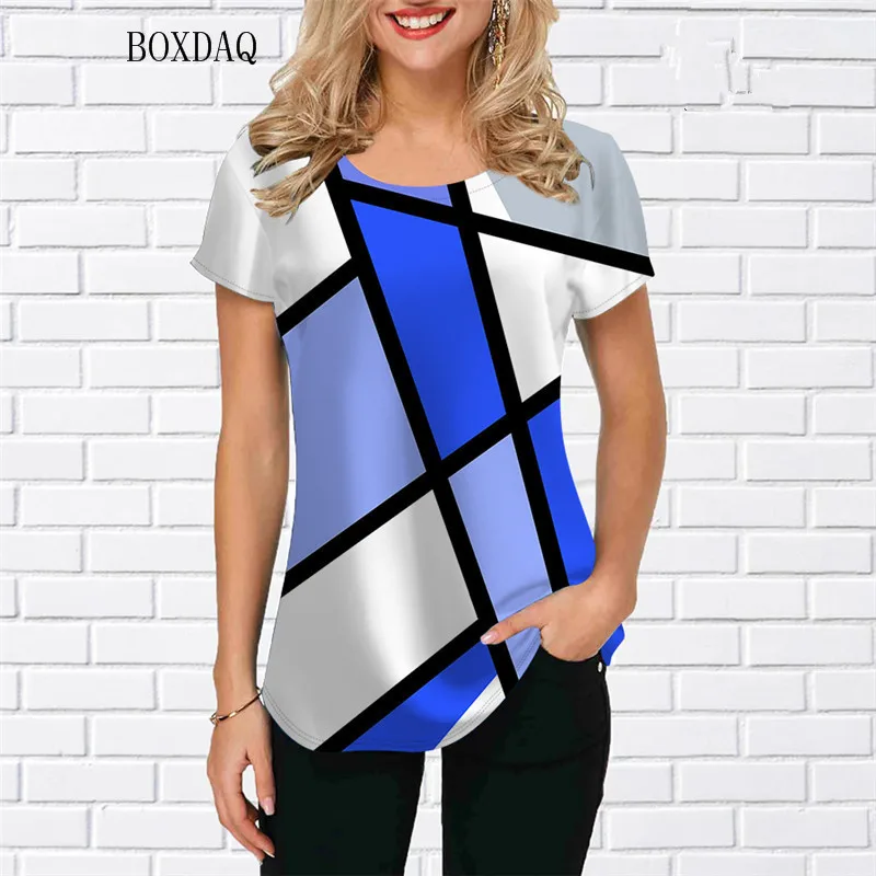 Geometric Plaid Graphic Women Casual Shirts Short Sleeve O-Neck Oversized Pullovers Tops 3D Print Streetwear Ladies Blouses