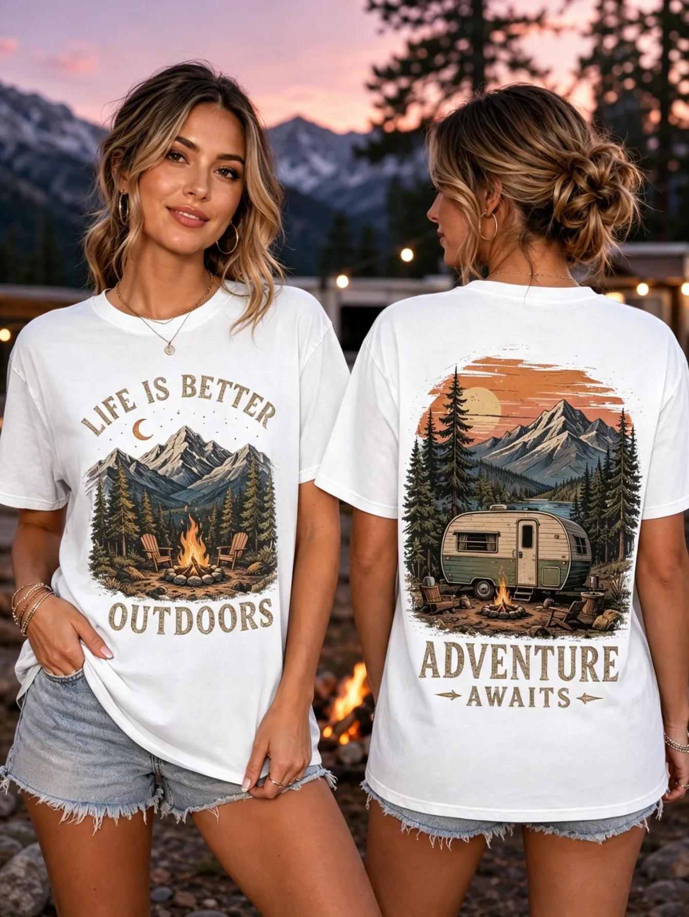 Women's Summer Vintage Outdoor Camping T-Shirt Mountain Pine Forest RV Campfire Graphic Print Crew Neck Short Sleeve