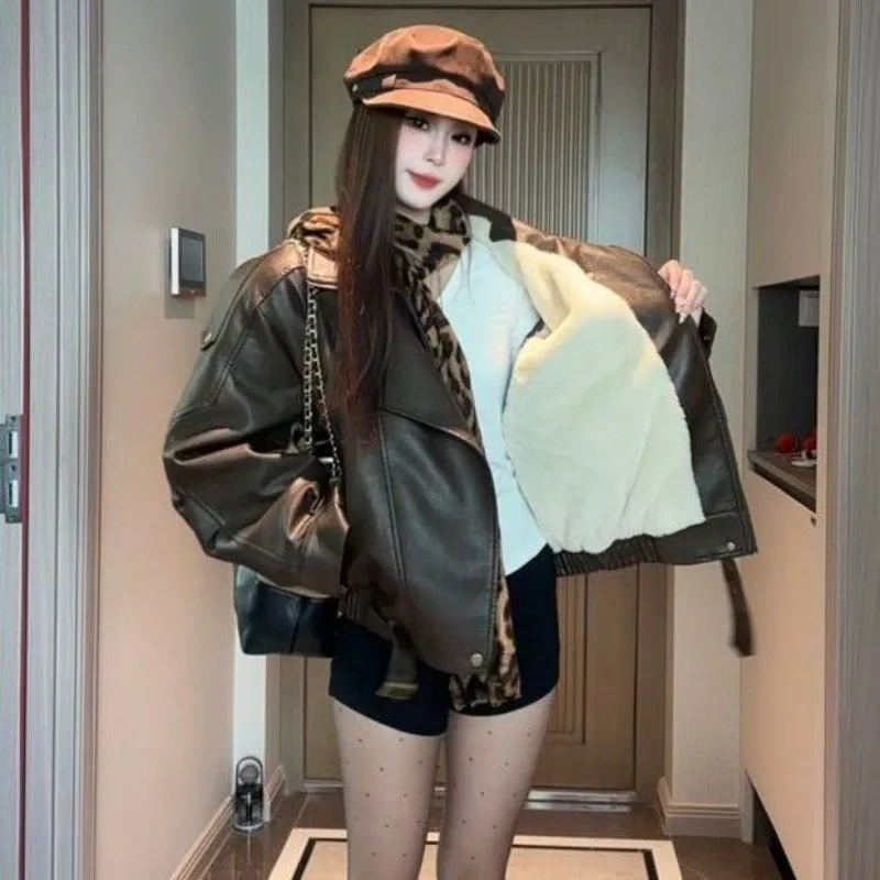 Clothes Winter Fleece-Lined Thicken Leather Jacket Women Versatile PU Leather Jacket Loose Biker Jackets Black Streetwear Design