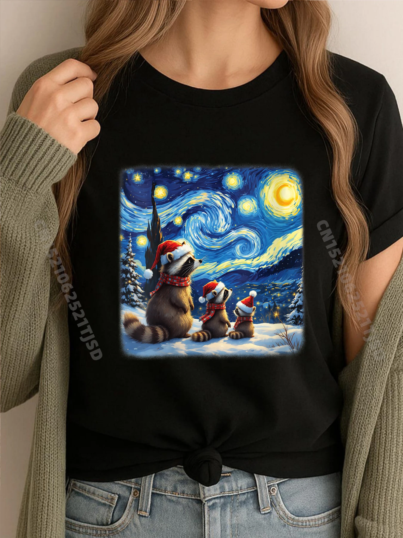 

Женские семейные футболки с изображением енота Ван Гога, Звездная ночь, Рождественская зимняя ночь, женские футболки высокого качества, рубашки большого размера в стиле ретро на День Святого Валентина