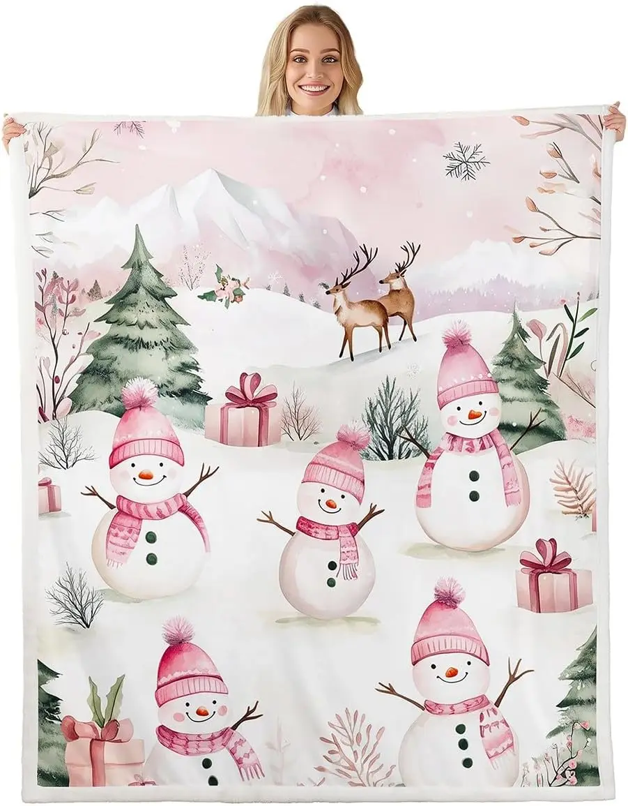 Merry Christmas Throw Blanket Cute Snowman Pine Trees Deer Fleece Blanket New Year Theme Cozy Throws for Bed Couch Sofa