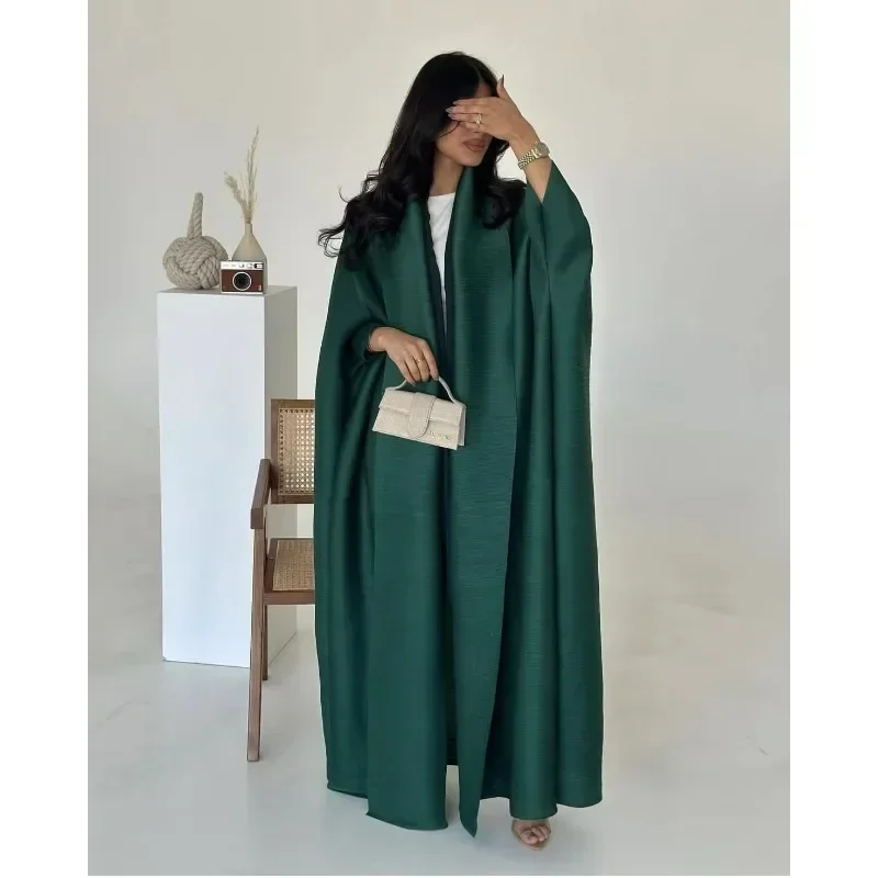 Abaya Fashion Pleated Bat Sleeve Loose Tie Solid Color Medium-length Shawl Long Coat 2024 Fall New