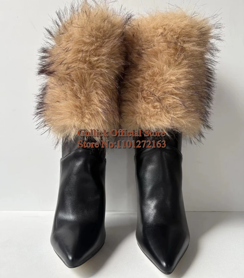 أحدث الدافئة الكاحل الفراء أشار تو منتصف العجل الأحذية جلد أسود أعلى جودة الانزلاق على النساء خنجر عالية الكعب الأحذية حجم كبير 47