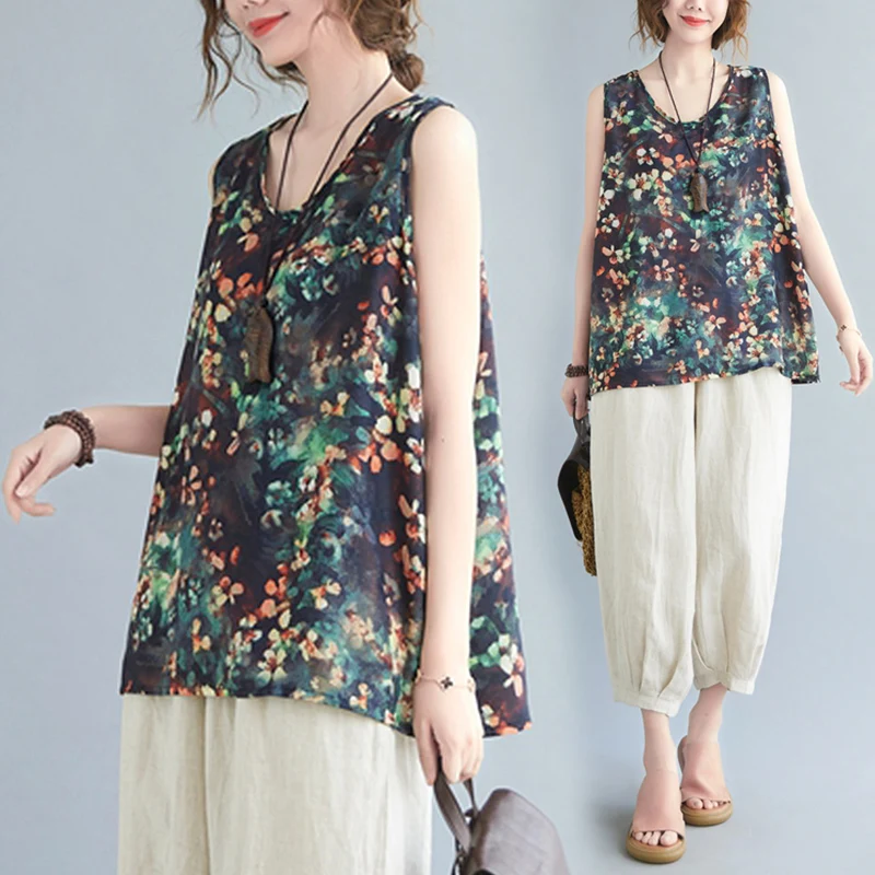 

Жилет большого размера из хлопка и льна с принтом на бретельках, круглый женский топ трапециевидной формы Ne Svel, закрывающий живот