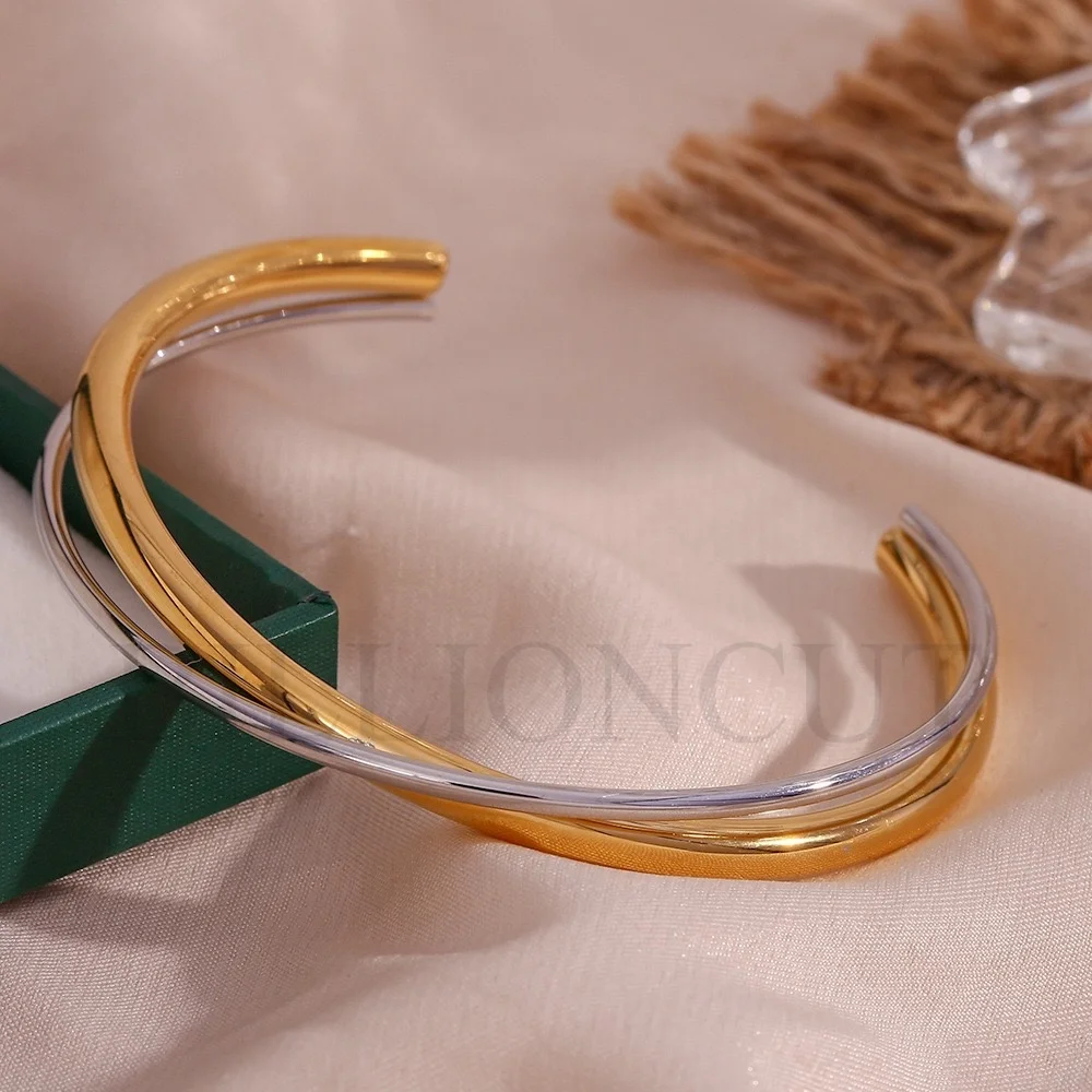 NEW 316L Stainless Steel Trendy 2 Color Cross Double Line Cuff Bangles 18k Gold Plating Bangle Statement Charm Texture Jewelry
