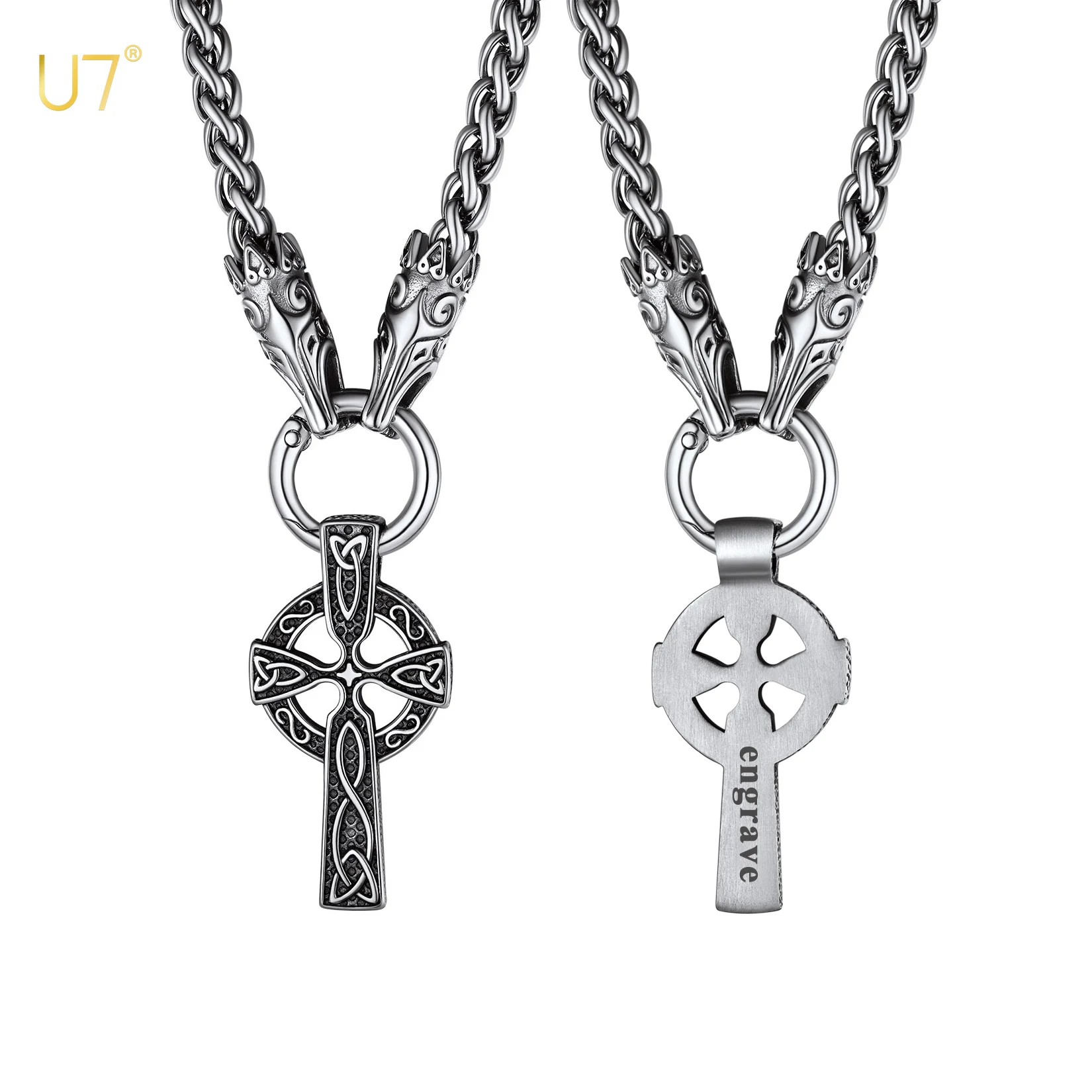 

U7 Celtic Cross Necklace for Man Weighty Stainless Steel Double Fenrir Wolf Head 7mm Link Chain Norse Viking Mythology Jewelry