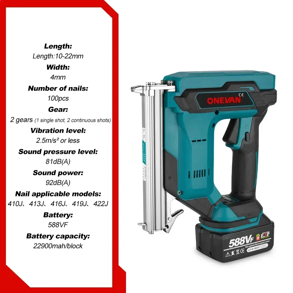 ONEVAN 422J 2Gears Brushless Cordless Electric Nailer Stapler Furniture Staple Gun Woodworking Tools For Makita 18v Battery
