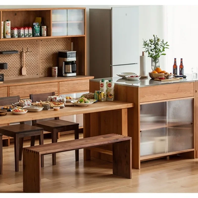 #Home Combined island kitchen stainless steel plate solid wood sideboard, telescopic table, integrated storage bar