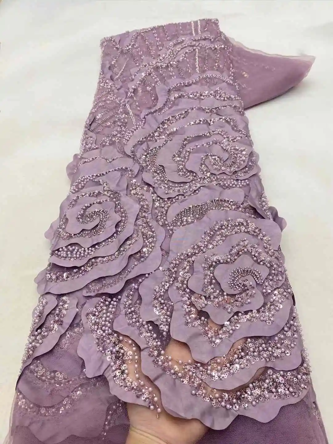 African Luxury Beaded Tulle Lace Fabric 2025 Nigerian Handmade Heavy Sequins Lace Fabric Fro Bridal Wedding Dress Party Sewing