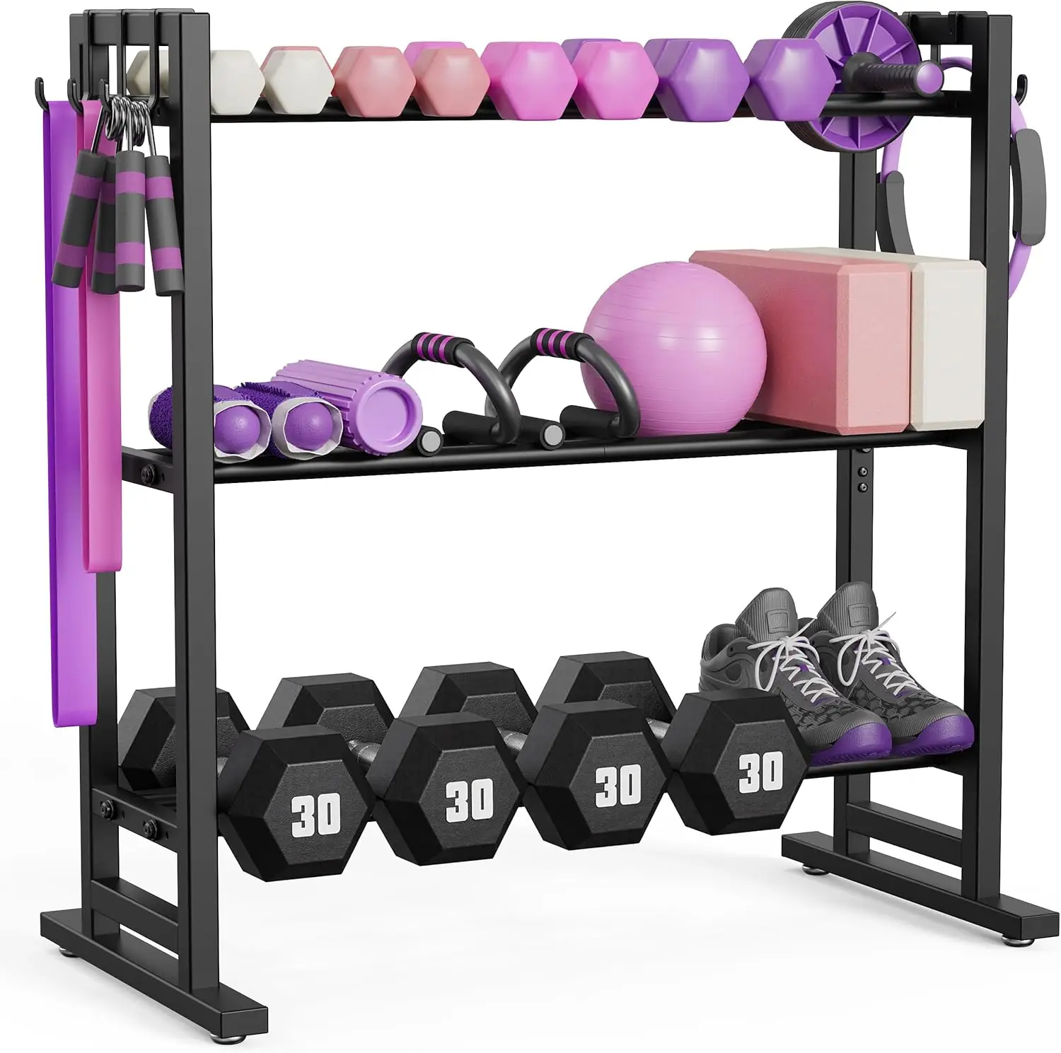 

3-Tier Adjustable Dumbbell Rack with Hooks, Extended Base for Home Gym Storage - Holds 450 lb