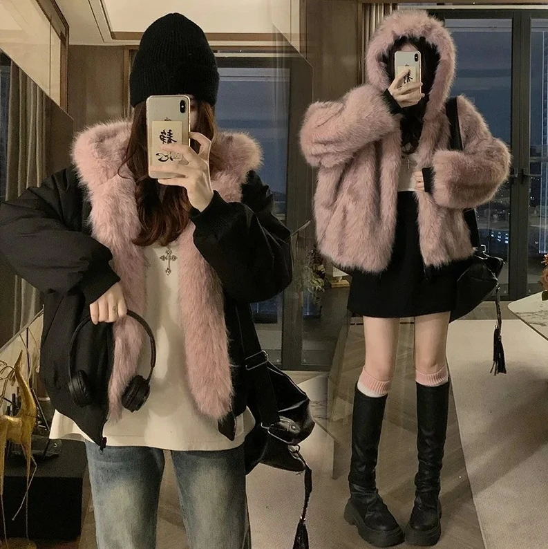 

Женское двустороннее зимнее пальто - хлопковая куртка с капюшоном из искусственного меха норки, теплая двусторонняя верхняя одежда с хлопковым наполнителем