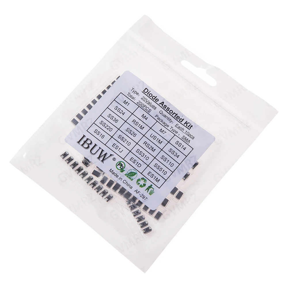 200PCS M1 M4 M7 20Values SMA Diode Assorted Kit SS14 SS24 for Electronic Rectification Projects SS14 SS24