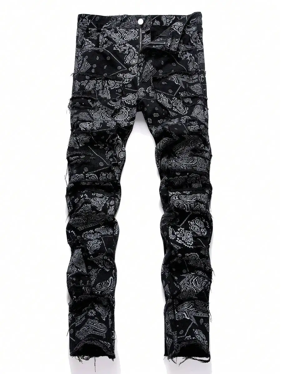 

Mens Paisley Print Frayed Hem Slim Fit Denim Jeans