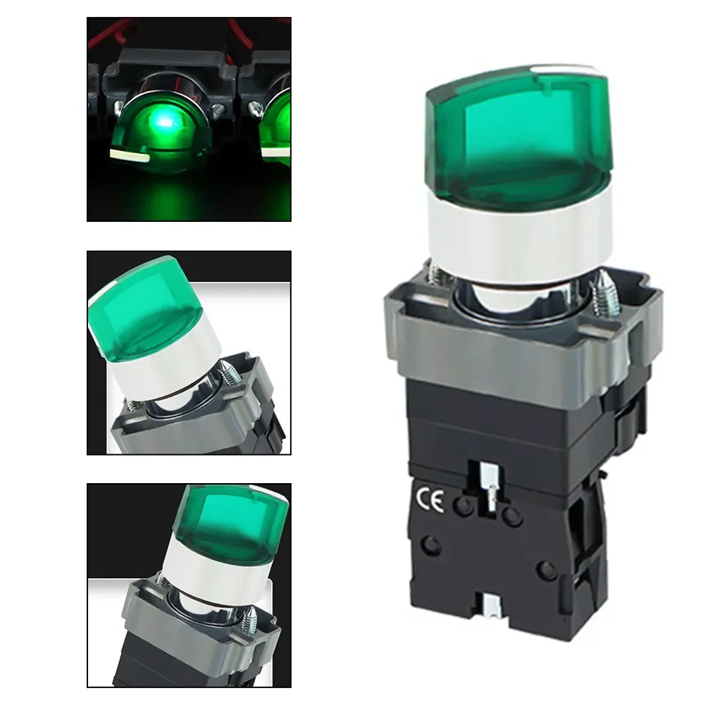 22MM 220V AC Rotary Selector Switch with Green LED Illumination and Latching Mechanism for Industrial Motor Control Applications