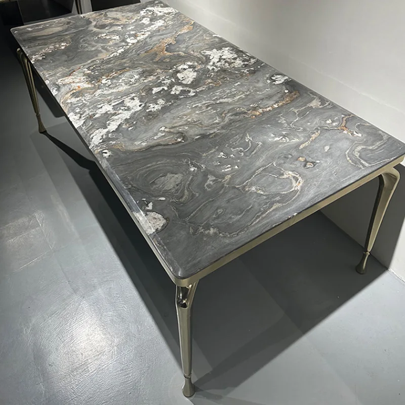 Natural marble dining table, rectangular Italian minimalist villa, high-end designer, blue gold sand luxury stone dining table