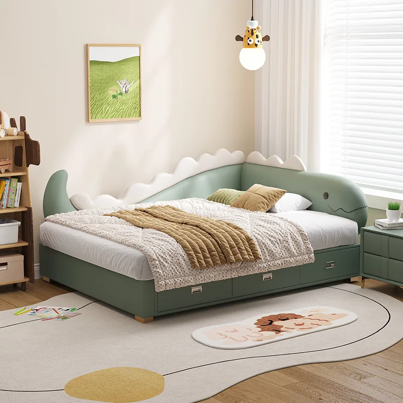 Bed boy with guardrail splicing bed 1.5m teen cartoon dinosaur solid wood leather girl lying