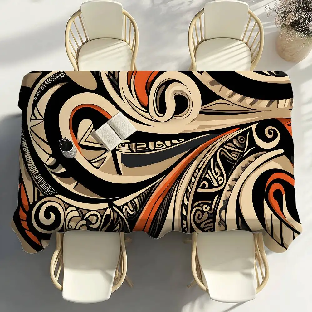 Hawaiian Tribal Tattoo Table Cloth Party Decor Dining Room Home Kitchen Patios Waterproof Stain-Proof Table Cloth