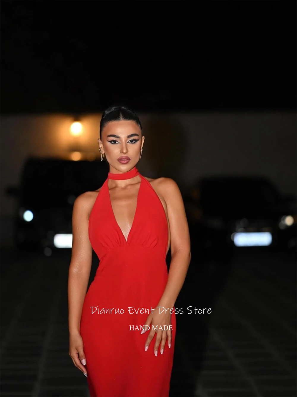 Dianruo فساتين سهرة مثيرة بدون ظهر باللون الأحمر عميق على شكل حرف V من الشيفون رداء حفلات رسن العنق حورية البحر للنساء حسب الطلب #6