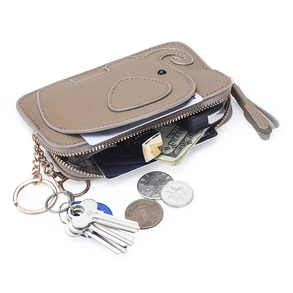 Cute Elephant Coin Purse - Zippered Pouch with Card Slots & Key Ring Holder, Leather Keychain Bag Pendant for Daily