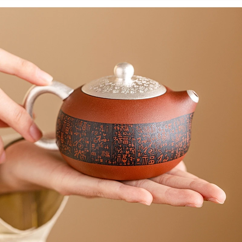 baifu Red clay purple tea set 999 silvering light luxury high-end sand ceramic pot and teacups kung fu