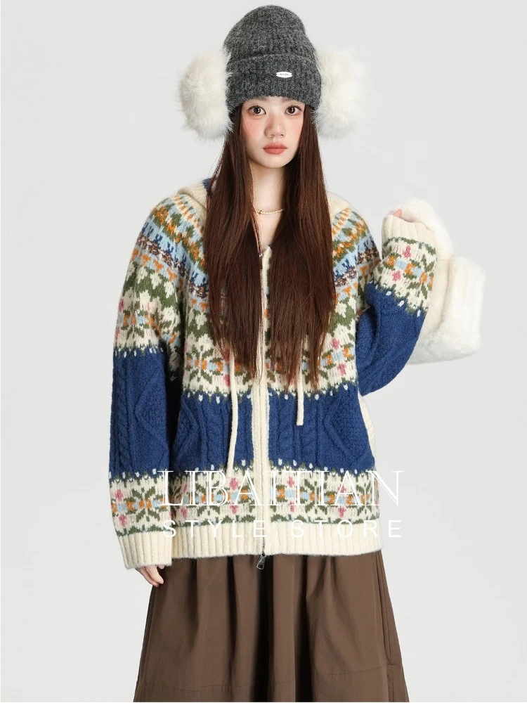 

2025 Autumn Winter New Loose Knitted Coat Women's Trendy Fel Island Jacquard Hoodie Cardigan Retro Zipper Up Casual Knitwear