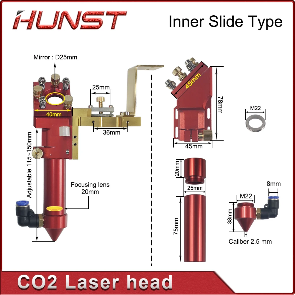Hunst Hot Sell Inner Slide Type CO2 Laser Head with Air Nozzle for Inner Guide Rail Laser Cutting Machine Spare Parts