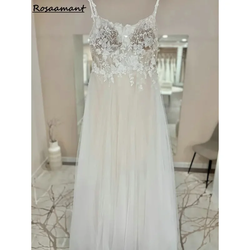 Gaun Pengantin A-Line Tali Spaghetti Ilusi Terbaru Gaun Pengantin Negara Renda Applique Tanpa Lengan