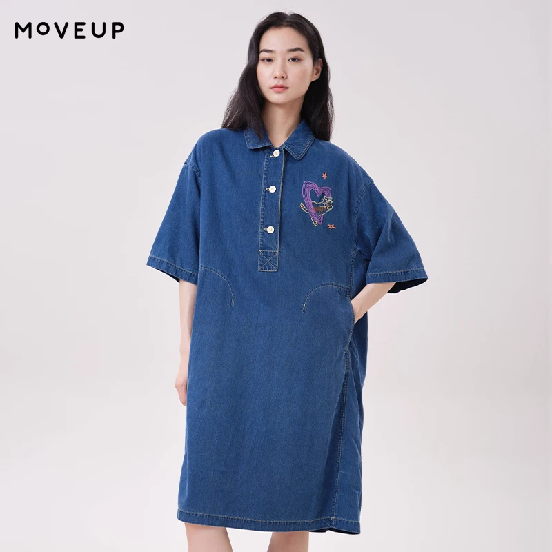 MOVEUP Lyocell Denim Dress Polo Collar Heart Cat Embroidery Dresses Side Pockets Loose Dropped Half Sleeve Midi Dress 3ELX41308