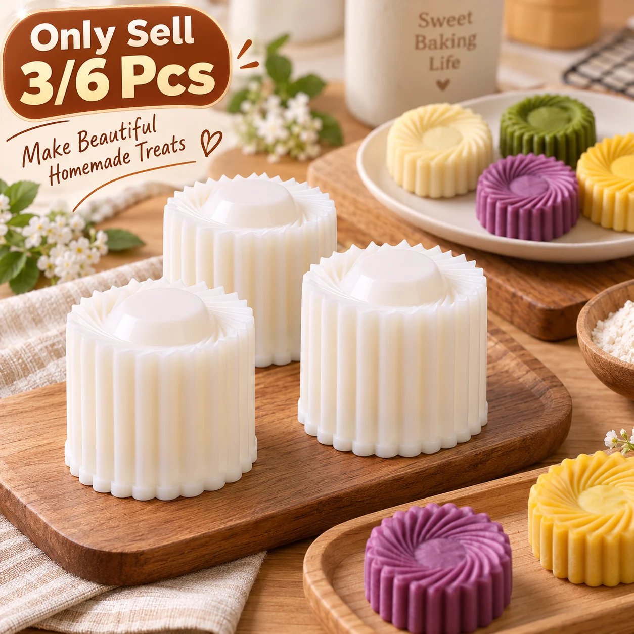 3/6 Pcs Double Head Pastry Mold, 2-In-1 Double Sided Mooncake Mold, Sunflower Pattern Round Hand Press Mold