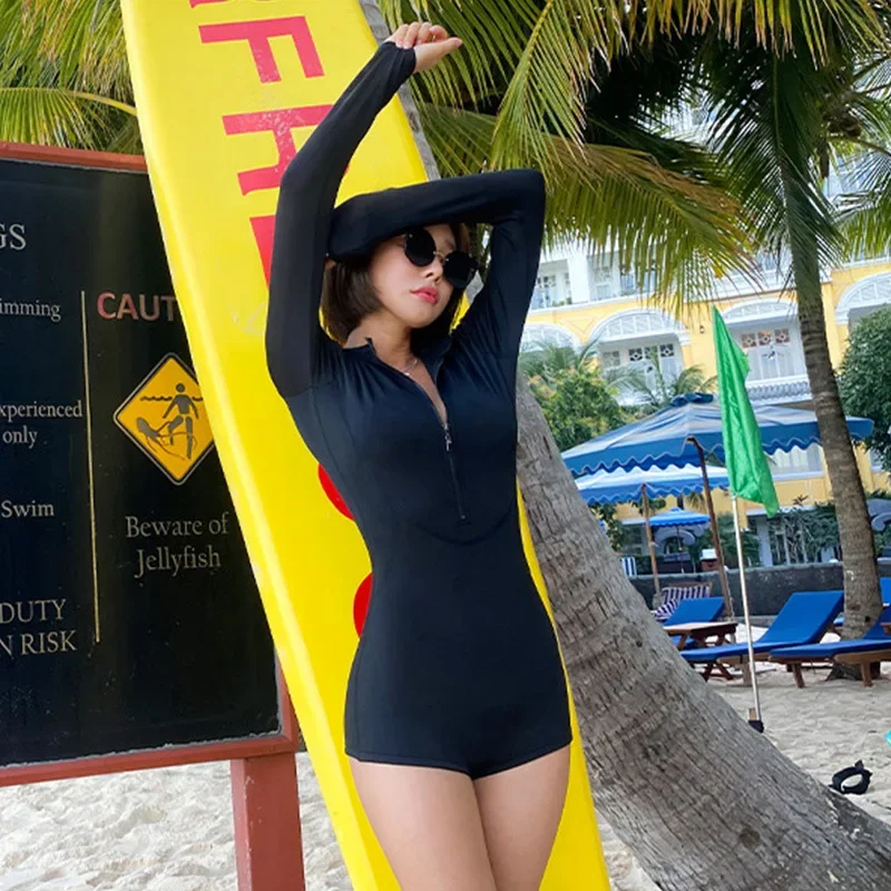 Long Sleeve Rash Guard Women Zipper One Piece Swimsuit Solid Swimwear Black Surfing Suit High Neck Diving Suit