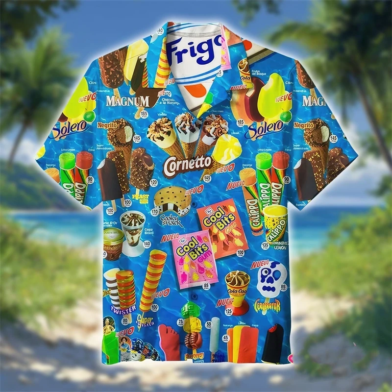 

Fashion Ice Cream Hawaiian Shirts Summer Casual Beach Vacation 3D Printed Unisex Blouses Loose Breathable Holiday Party Shirt