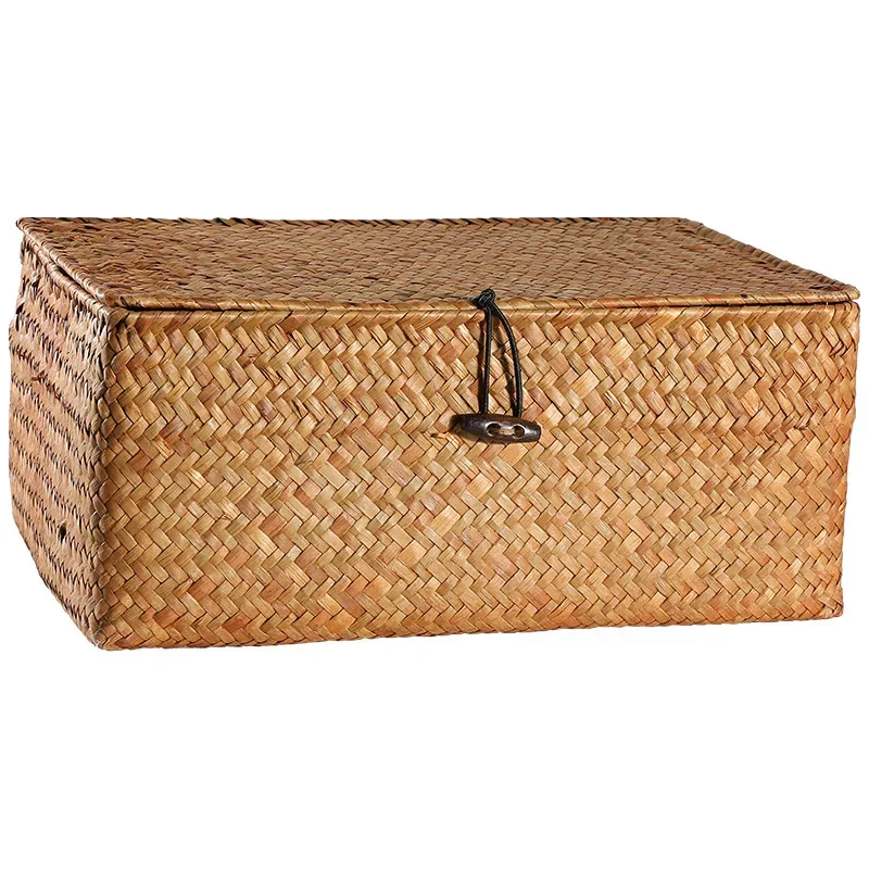 Seaweed Hand-Woven Storage Basket Sundries Organizer with Lid Cosmetic and Toy Basket Clothes Container for Home Storage