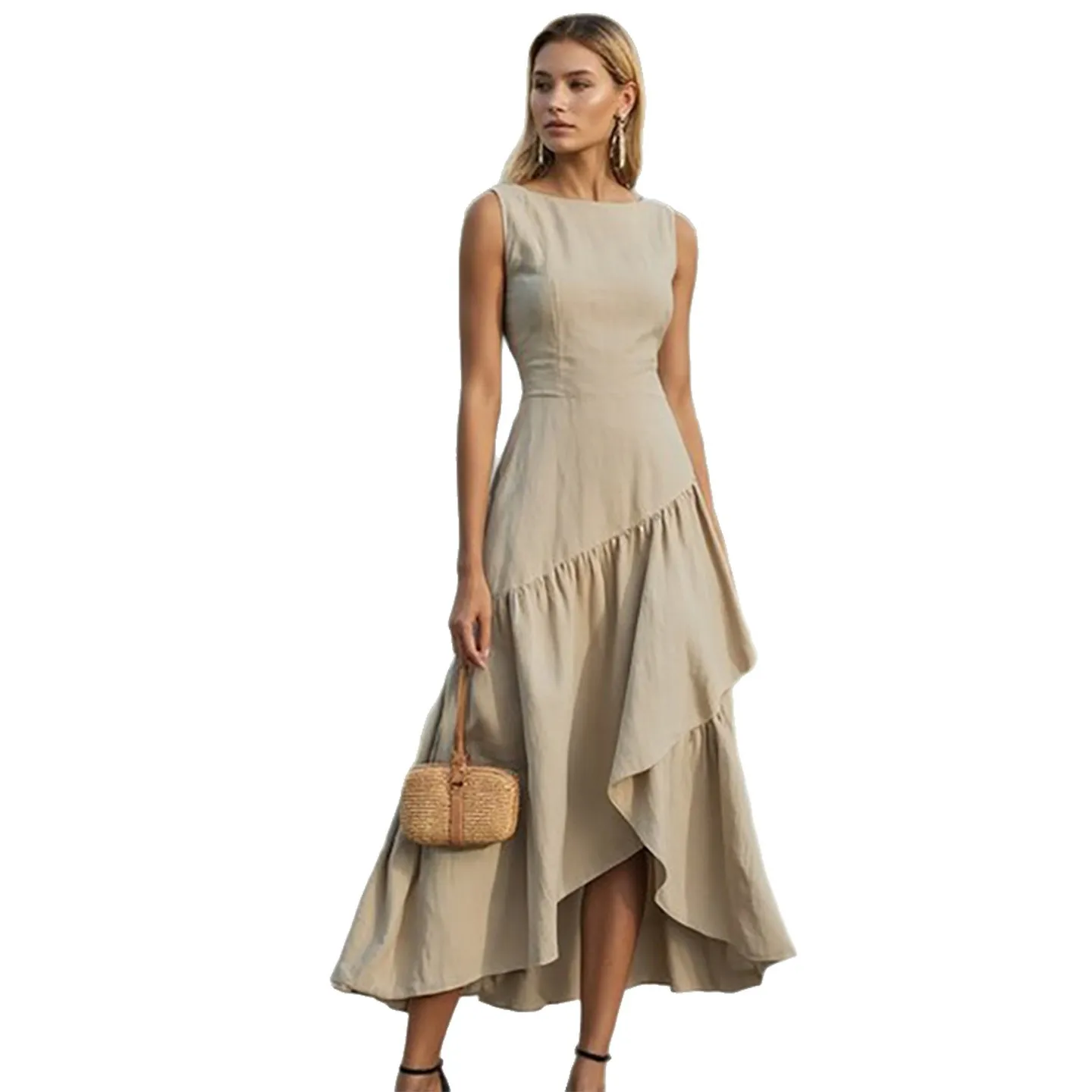 

2025 New Fashion Ruffle Waistless Sleeveless Dress For Women Summer Casual Solid Color Irregular Dresses For Women