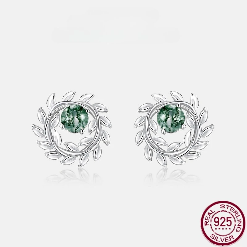 

New S925 pure silver winding design olive branch fashionable natural water grass agate earrings wedding jewelry