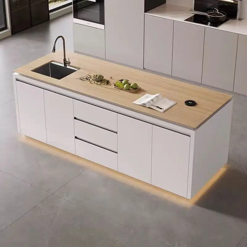 

Light luxury, island island home kitchen, log color, marble water bar, cooking table, partition Nakajima