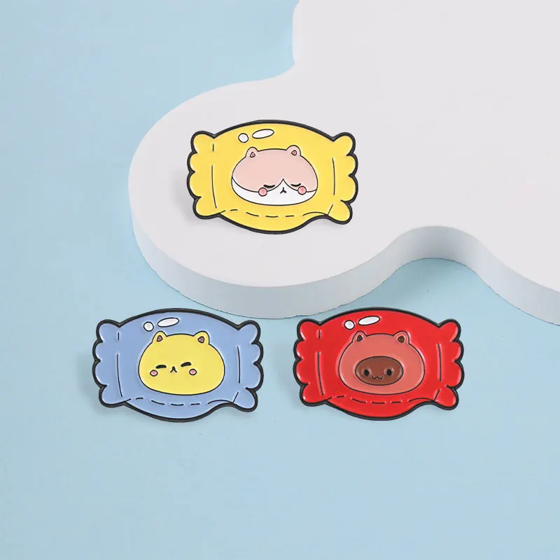 Kawaii Tier-Bonbonverpackungs-Emaille-Abzeichen-Set Schwein Katze Nilpferd Schlafendes Gesicht Süße Anstecknadeln Legierungs-Broschen Schmuckgeschenke für Kinder – Detail 6
