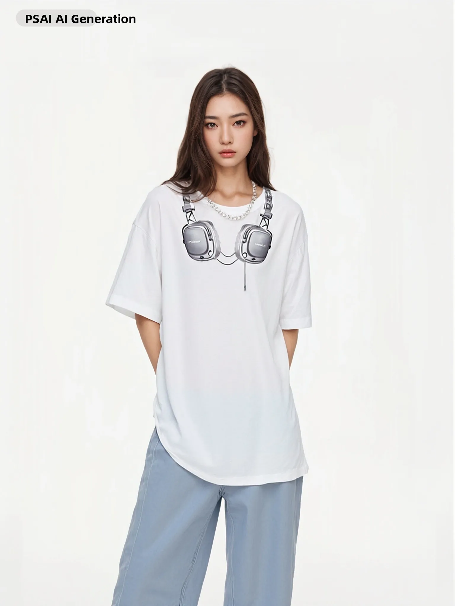 

BW 2026 New round Ne Design Sensation Earphone Print ort Sve Women's T-irt White Casual Sle Cotton Summer Top
