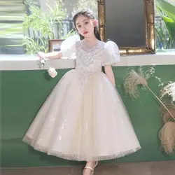 Girls Banquet Dress Birthday Party Evening Princess Dresses Children Kids Puff Sleeve Shiny Sequin Beaded Champagne Ball Gown