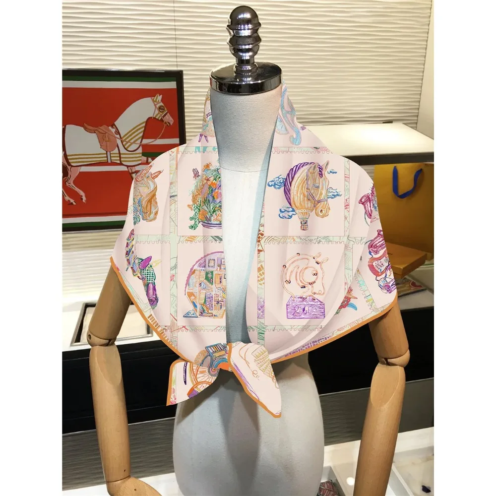 90Cm Twill New Horse Prism Women\'s Decorative Shawl Large Square Scarf Headscarf Scarf Frame Painting Silk Scarf Wholesale