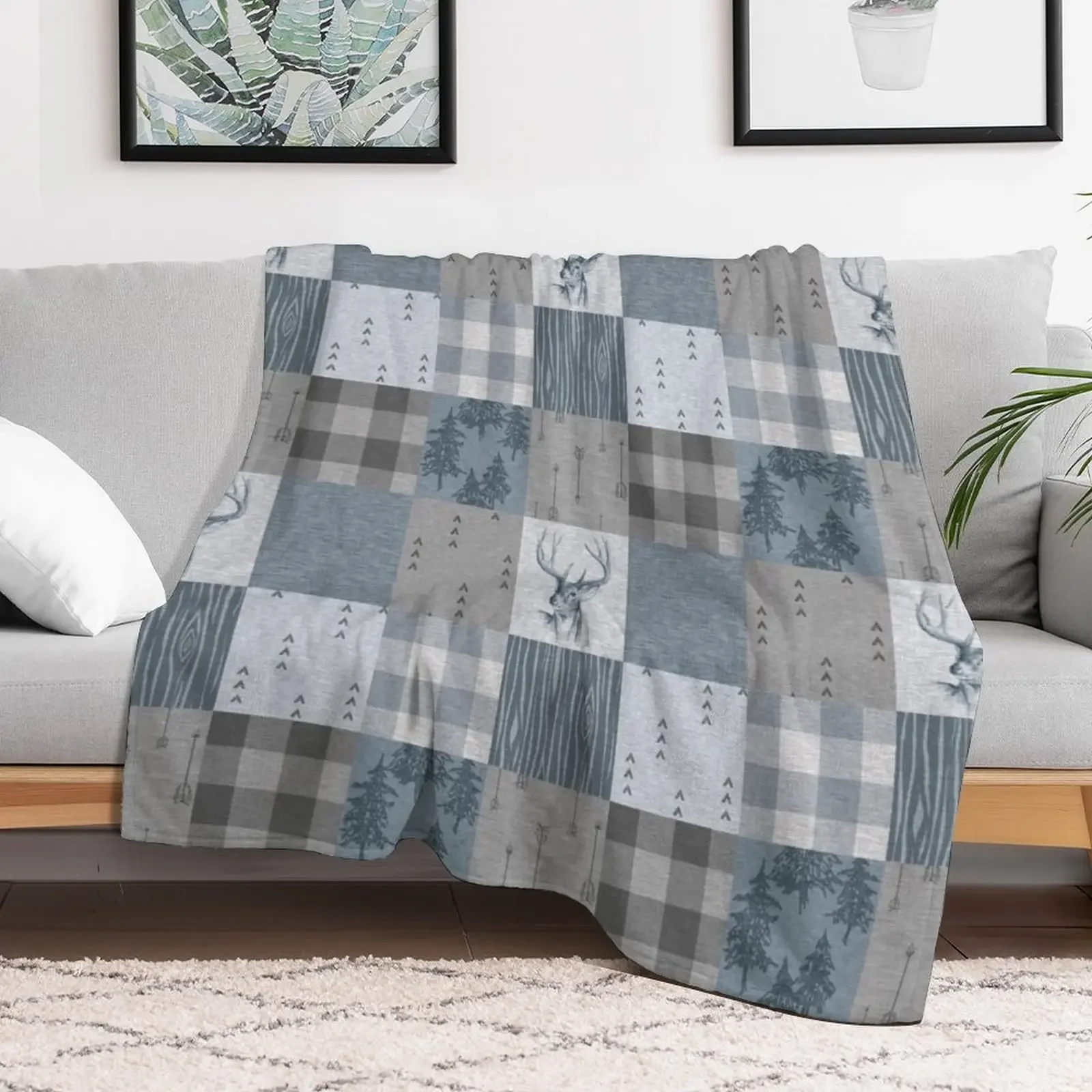 Deer Patchwork - Rustic Blue And grey Throw Blanket Blankets Sofas Of Decoration funny gift Retros Bed covers Blankets