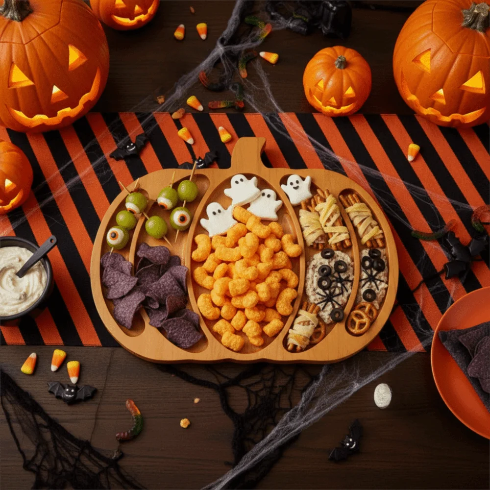 Wooden Halloween Pumpkin Snack Tray 5 Grid Sturdy Nut Platter with Compartment Drop-resistant Charcuterie Board Living Room