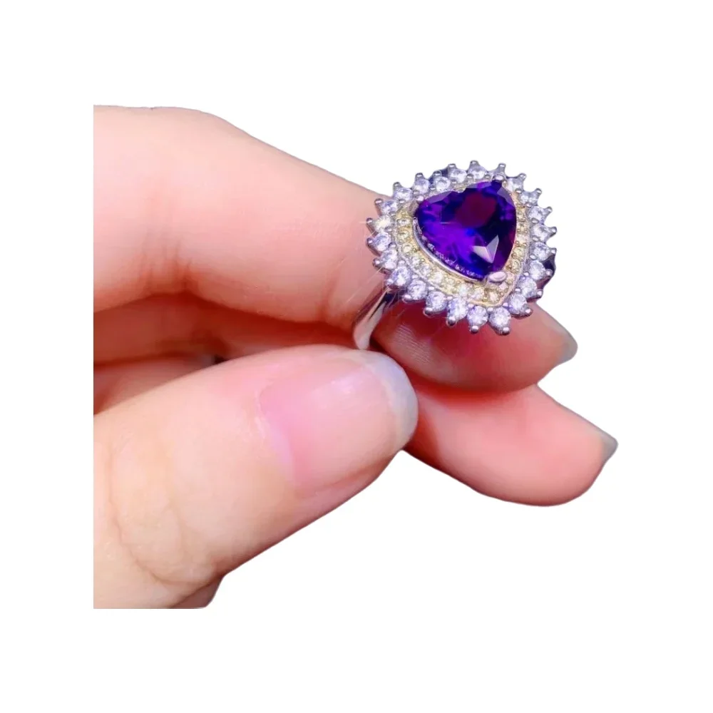 

Adjustable 925 Sterling Silver Ring for Girls, Exquisite Jewelry, Lovely Heart-Shaped, Gem Amethyst, Support Detection