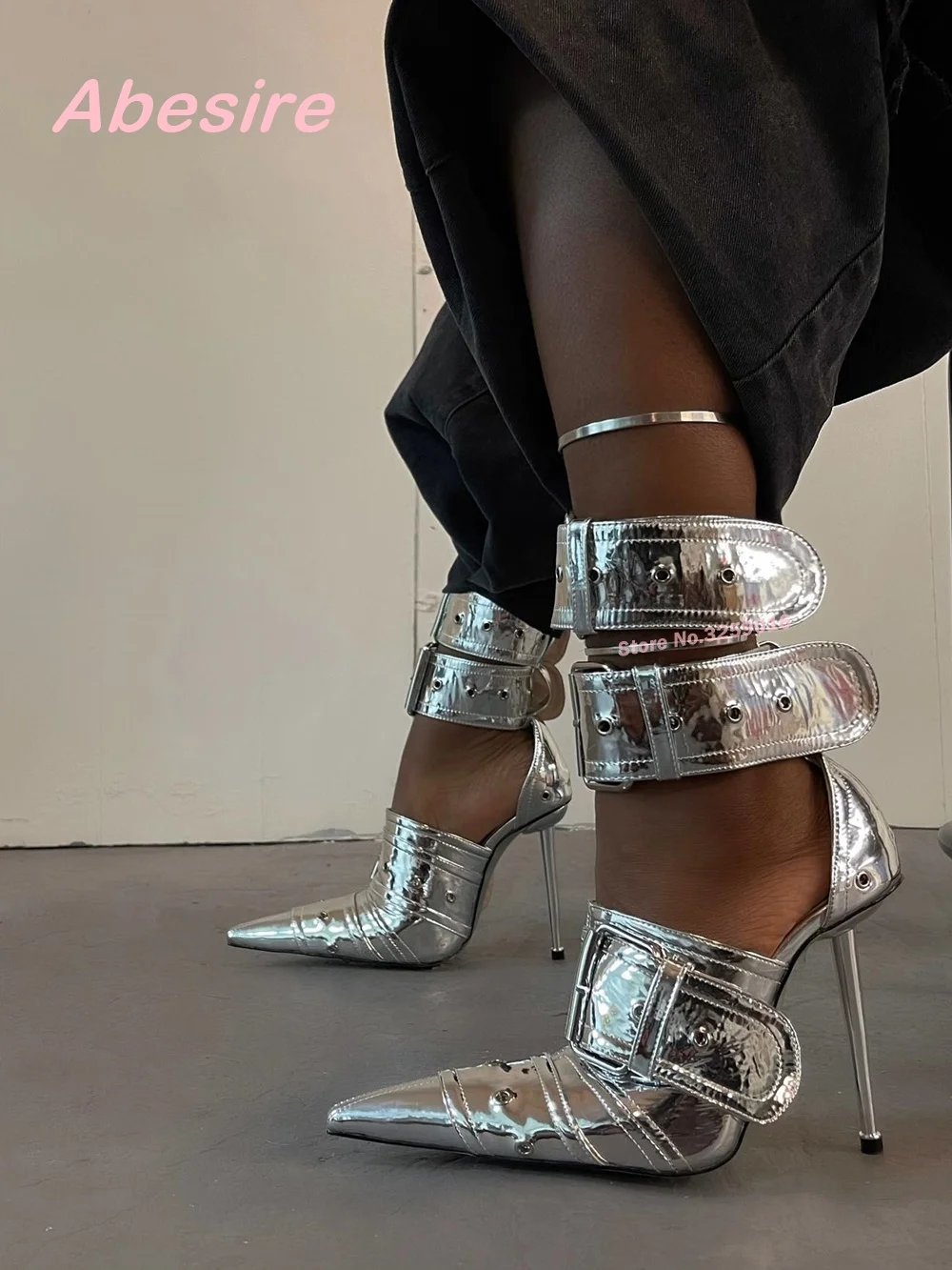 Silver Glossy Metal Heels Sandals Pointy Toe High Heels Belt Buckle Summer Ankle Strap Women's Pumps Large Size 43 Solid Luxury