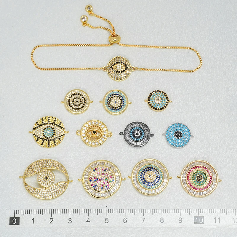 

4 Pcs Devil Eye Round Connector for Diy Bracelet Necklace Jewelry Making Supplies Inlay Color Zircon Copper Plated Accessories