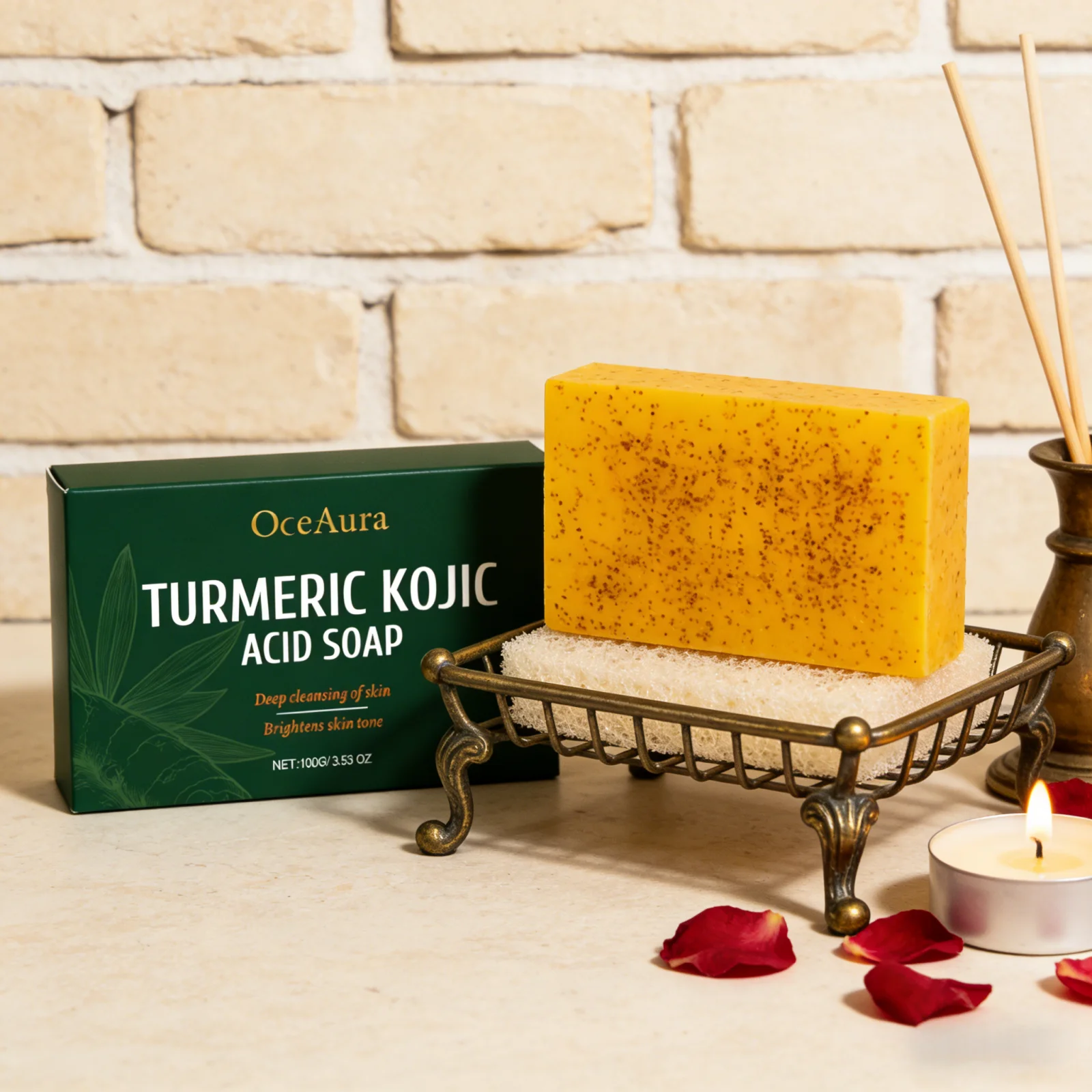 OceAura Turmeric Kojic Acid Soap Deep Cleansing Exfoliating Unclogs Pores Reduces Redness Skin Brightening Natural Handmade Soap
