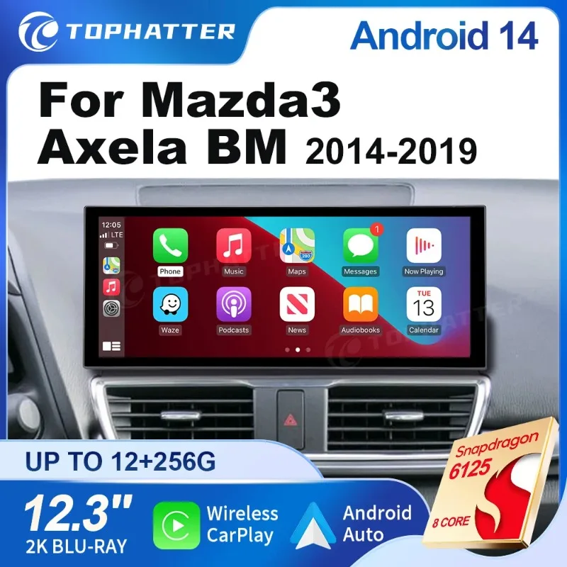 

Android 14 Carplay Android Auto 12.3" Stereo for Mazda 3 2014-2019, Qualcomm 8-Core, 2K HD Screen, DSP, GPS Navigation